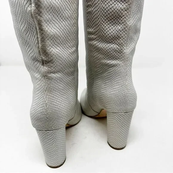 Y2k Silver Croc Embossed Leather Heeled Boots Size 6 Knee High Paige - Picture 6 of 8